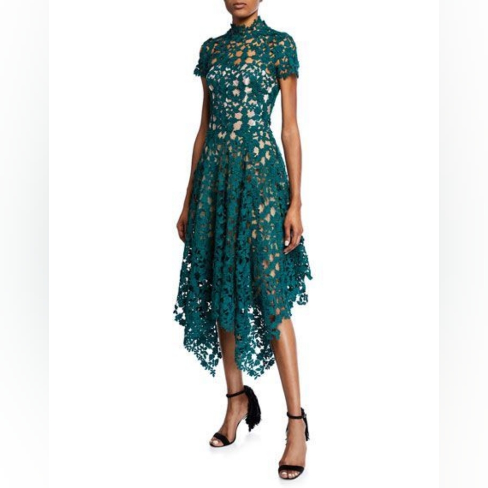$4,000 OSCAR DE LA RENTA NEW W. TAG  GREEN BASIL EMBROIDERED RUNW DRESS 12 XL
